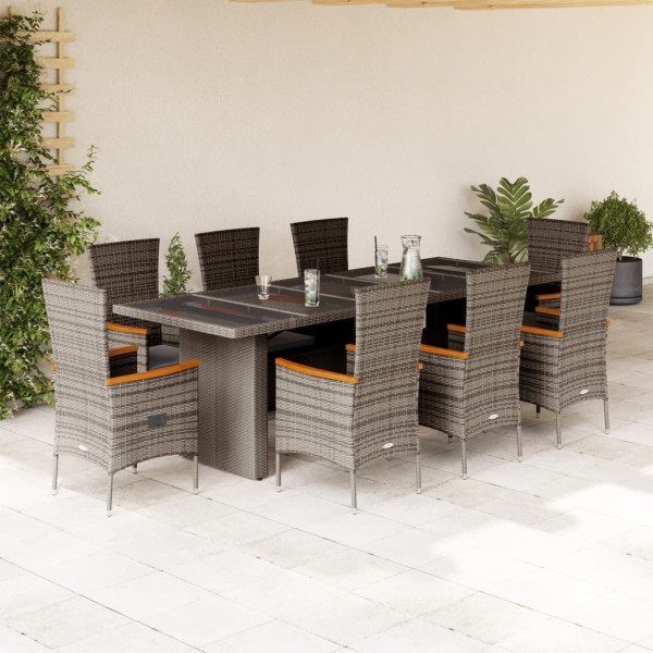 Set comedor jardín 9 pzas y cojines ratán sintético gris D