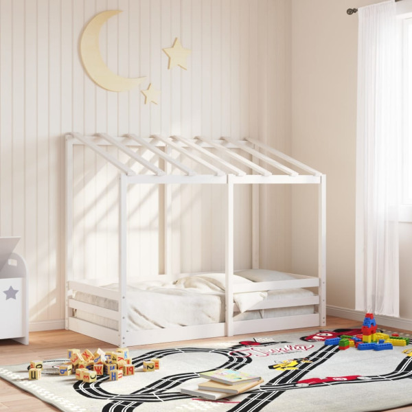 Cama infantil com teto de madeira de pinheiro branco sólido 70x140 cm D