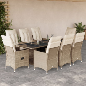 Set comedor de jardín 9 pzas con cojines ratán sintético beige D