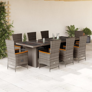 Set comedor jardín 9 pzas y cojines ratán sintético gris D