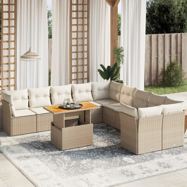 Set de sofás de jardín 11pzas con cojines ratán sintético beige D