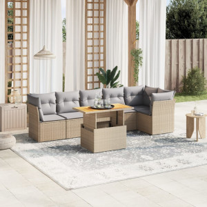 Set sofás de jardín 7 piezas y cojines ratán sintético beige D