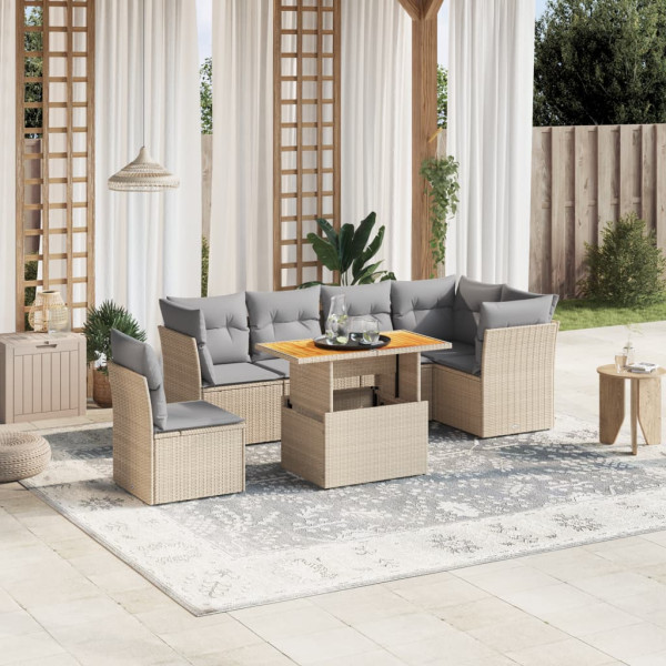 Set sofás de jardín 7 piezas y cojines ratán sintético beige D