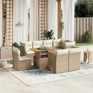 Set de sofás de jardín 9 pzas con cojines ratán sintético beige D