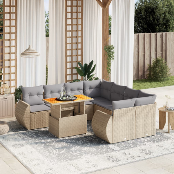 Sofá de jardim conjunto 9 pcs com almofadas de rattan sintético bege D