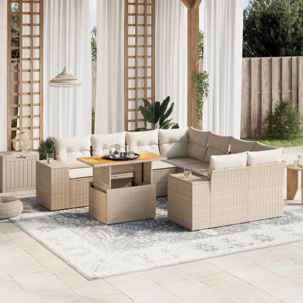 Set de sofás de jardín 9 pzas con cojines ratán sintético beige D