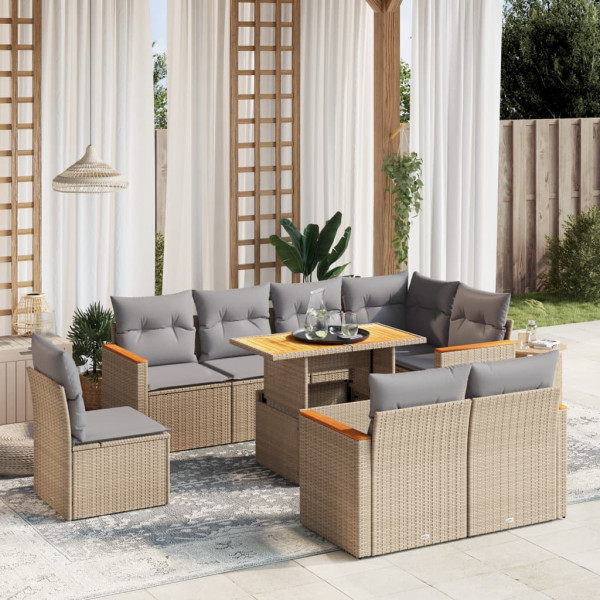 Sofá de jardim conjunto 9 pcs com almofadas de rattan sintético bege D