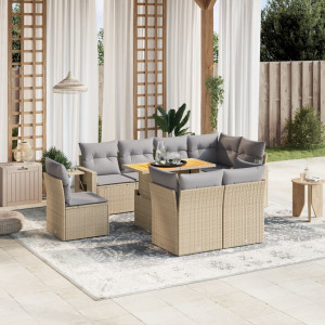 Set de sofás de jardín 9 pzas con cojines ratán sintético beige D