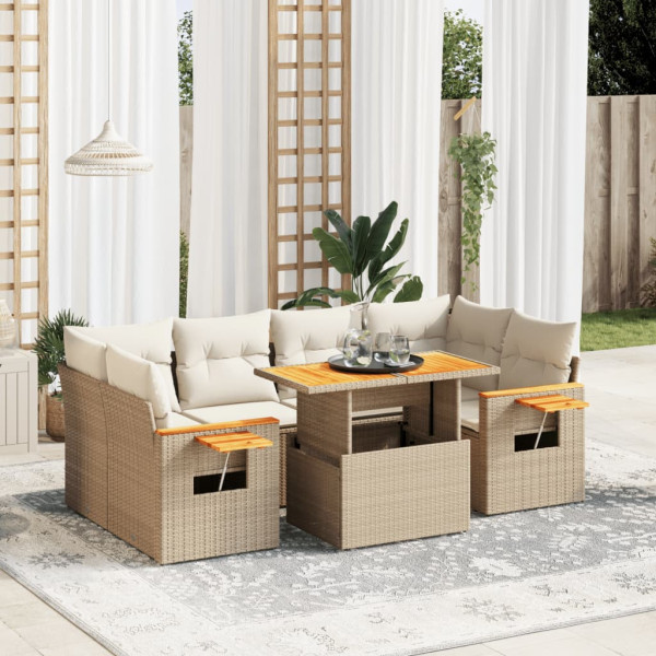 Set sofás de jardín 7 piezas y cojines ratán sintético beige D