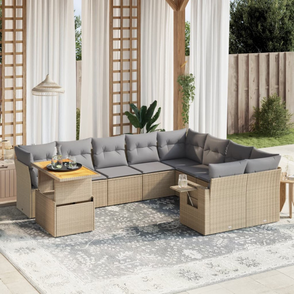 Conjunto de sofá de jardim com almofadas bege 10 peças de rattan sintético D