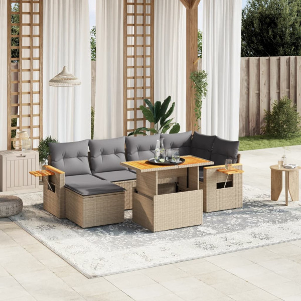 Set sofás de jardín 7 piezas y cojines ratán sintético beige D