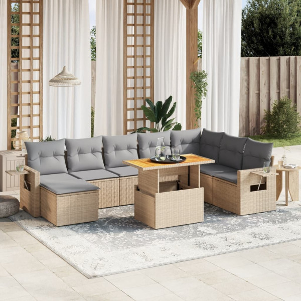 Sofá de jardim conjunto 9 pcs com almofadas de rattan sintético bege D