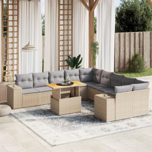 Set de sofás de jardín 11pzas con cojines ratán sintético beige D