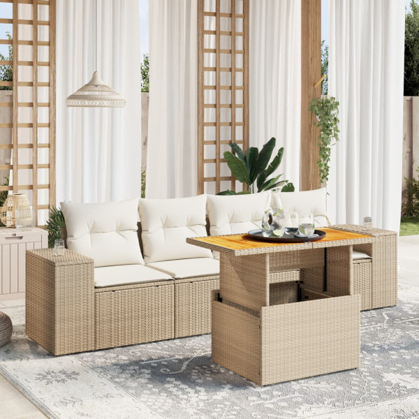 Sofá de jardim com almofadas 5 pcs bege sintético rattan D