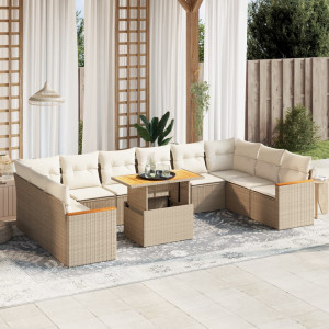 Set de sofás de jardín 11pzas con cojines ratán sintético beige D