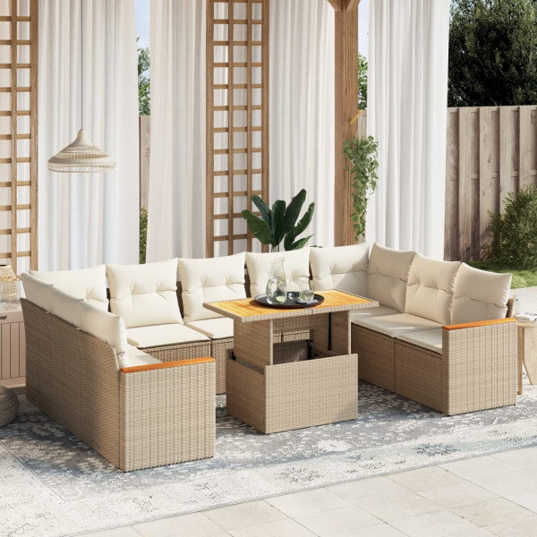 Conjunto de sofá de jardim com almofadas bege 10 peças de rattan sintético D