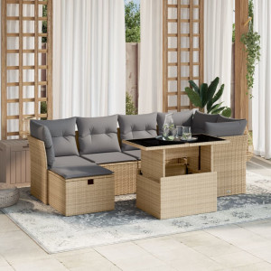 Set sofás de jardín 7 piezas y cojines ratán sintético beige D