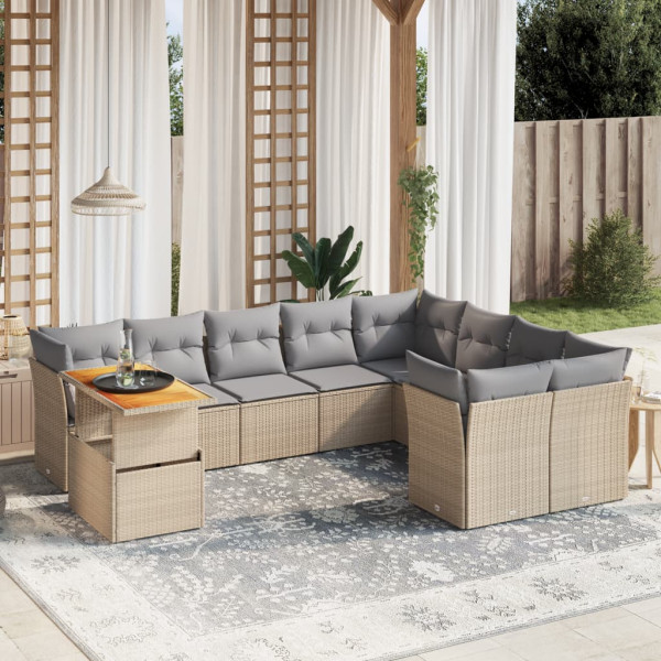 Conjunto de sofá de jardim com almofadas bege 10 peças de rattan sintético D