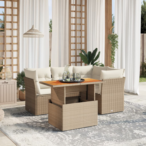 Sofá de jardim com almofadas 5 pcs bege sintético rattan D