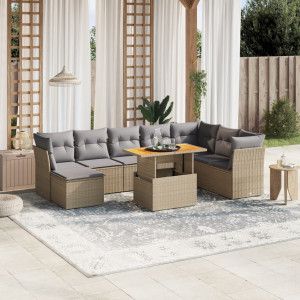 Set de sofás de jardín 9 pzas con cojines ratán sintético beige D