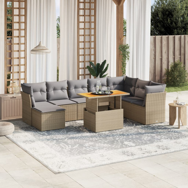 Sofá de jardim conjunto 9 pcs com almofadas de rattan sintético bege D