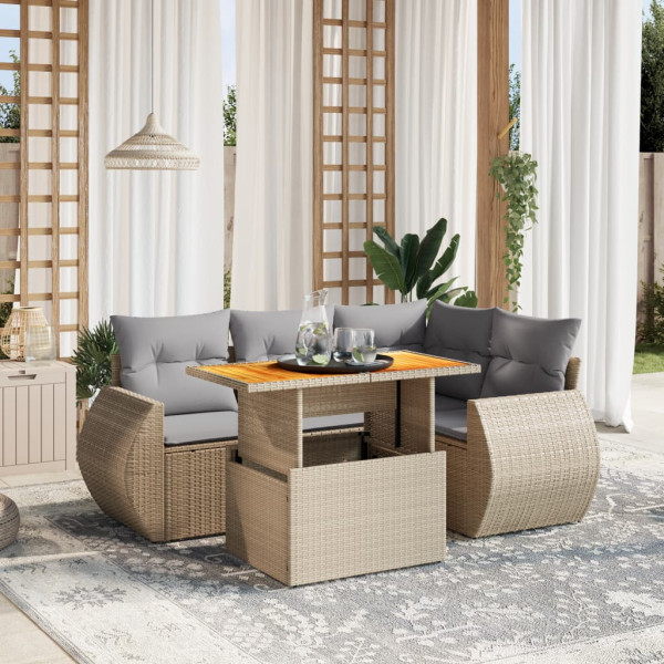 Sofá de jardim com almofadas 5 pcs bege sintético rattan D