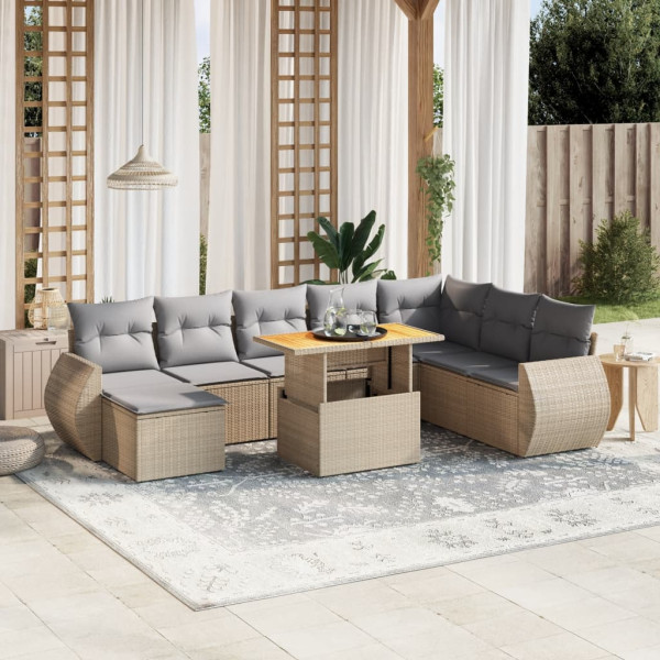 Sofá de jardim conjunto 9 pcs com almofadas de rattan sintético bege D