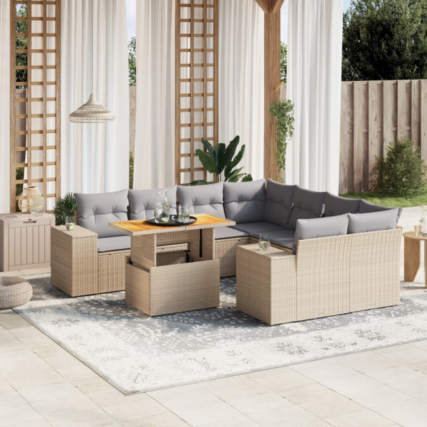 Sofá de jardim conjunto 9 pcs com almofadas de rattan sintético bege D