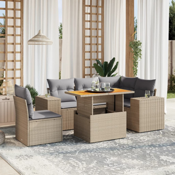 Sofá de jardim com almofadas 6 pcs bege sintético rattan D