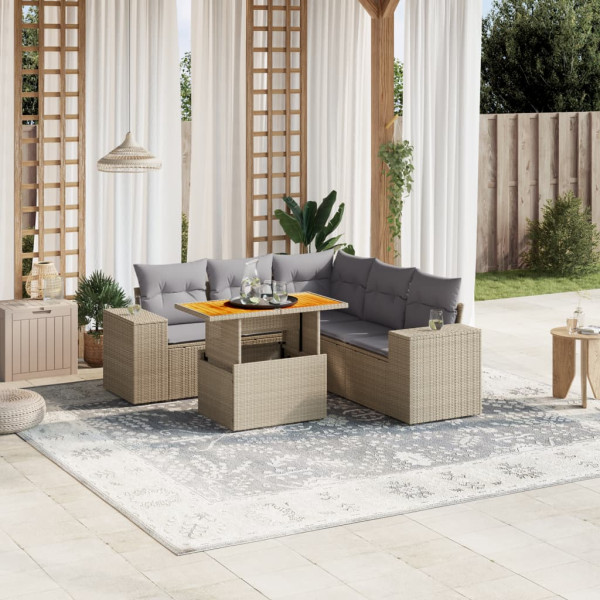 Sofá de jardim com almofadas 6 pcs bege sintético rattan D