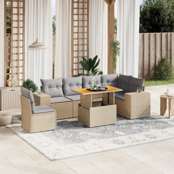 Definir sofás de jardim 7 peças e almofadas de rattan sintético bege D