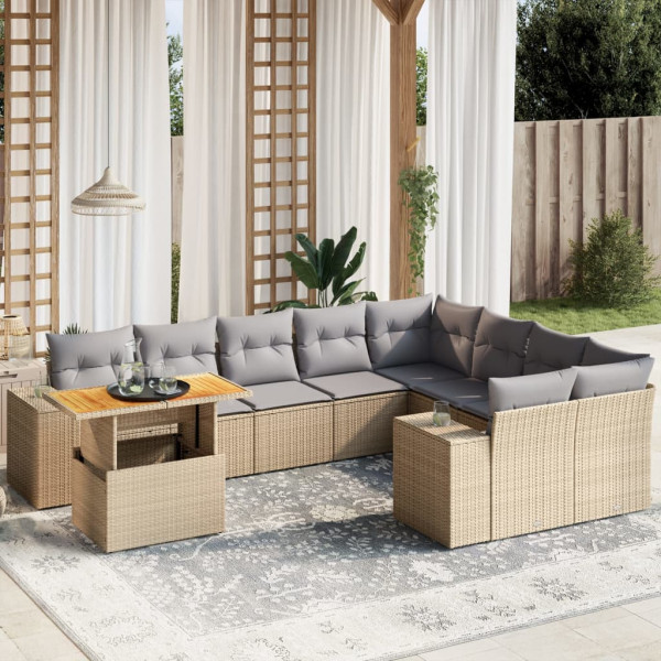 Conjunto de sofá de jardim com almofadas bege 10 peças de rattan sintético D