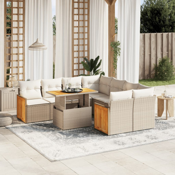 Sofá de jardim conjunto 9 pcs com almofadas de rattan sintético bege D