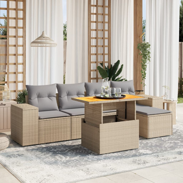 Sofá de jardim com almofadas 6 pcs bege sintético rattan D