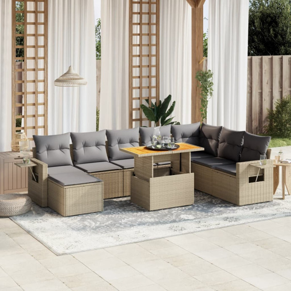 Sofá de jardim conjunto 9 pcs com almofadas de rattan sintético bege D