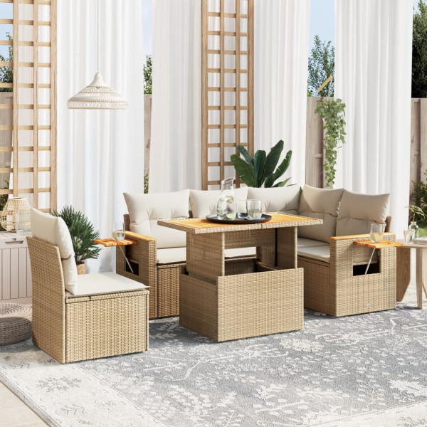 Sofá de jardim com almofadas 6 pcs bege sintético rattan D