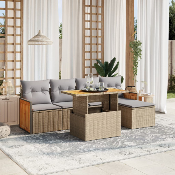 Sofá de jardim com almofadas 6 pcs bege sintético rattan D