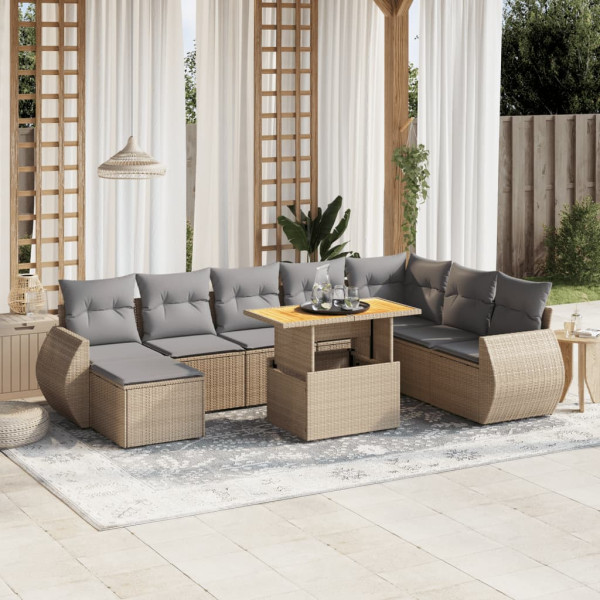 Set de sofás de jardín 9 pzas con cojines ratán sintético beige D