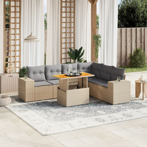 Set sofás de jardín 7 piezas y cojines ratán sintético beige D