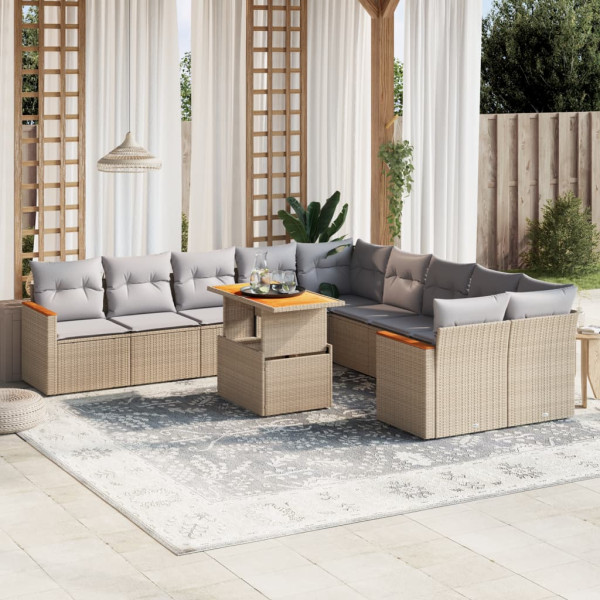 Sofá de jardim de 11 pz com almofadas de rattan sintético bege D