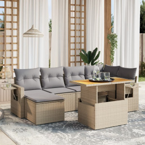 Set sofás de jardín 7 piezas y cojines ratán sintético beige D