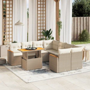 Set de sofás de jardín 9 pzas con cojines ratán sintético beige D