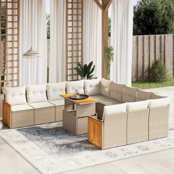 Set de sofás de jardín 11pzas con cojines ratán sintético beige D