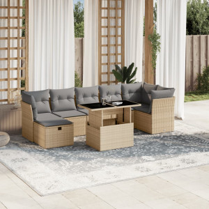 Set de sofás de jardín y cojines 8 piezas ratán sintético beige D