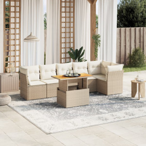 Set sofás de jardín 7 piezas y cojines ratán sintético beige D