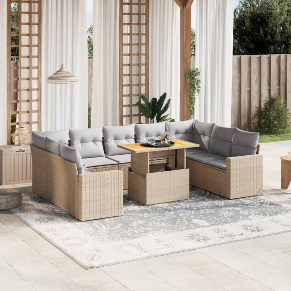 Conjunto de sofá de jardim com almofadas bege 10 peças de rattan sintético D