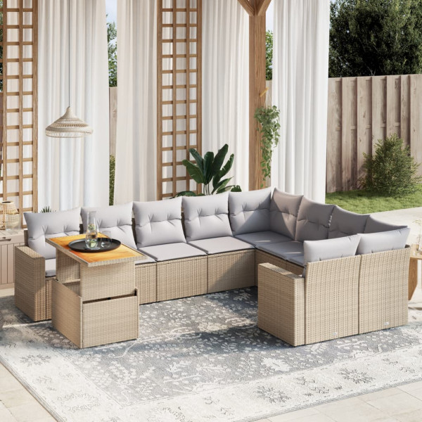 Conjunto de sofá de jardim com almofadas bege 10 peças de rattan sintético D