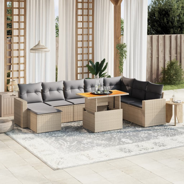 Sofá de jardim conjunto 9 pcs com almofadas de rattan sintético bege D