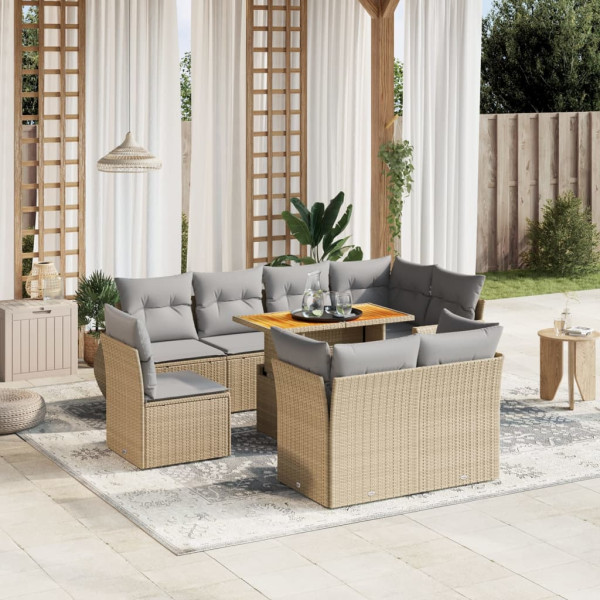 Sofá de jardim conjunto 9 pcs com almofadas de rattan sintético bege D