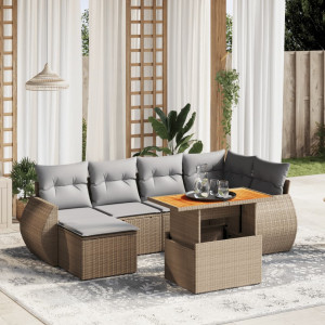 Set sofás de jardín 7 piezas y cojines ratán sintético beige D